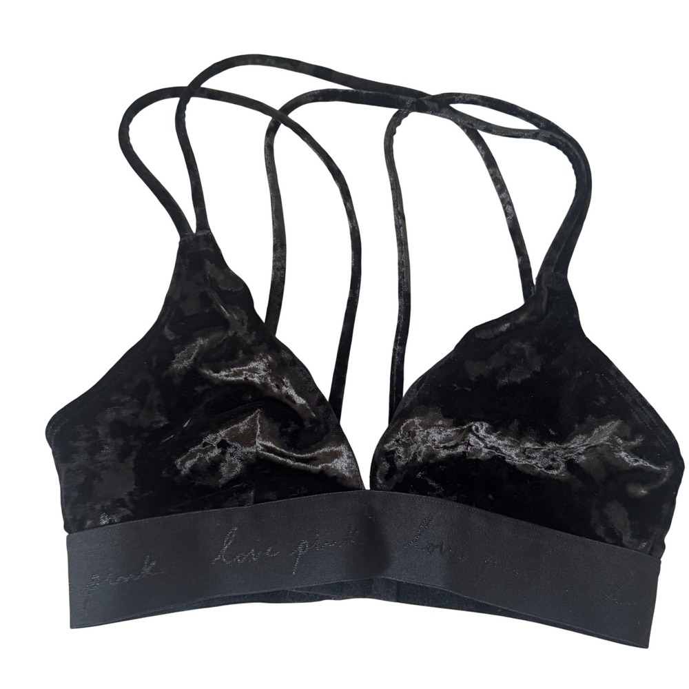 VS PINK Black Crushed Velvet Bralette Strappy Logo Band Womens XS Y2K Whimsygoth